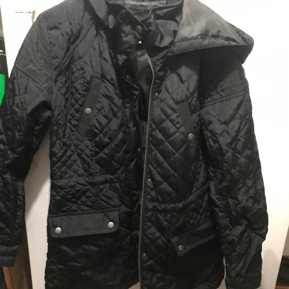 Black quilted coat with hood.